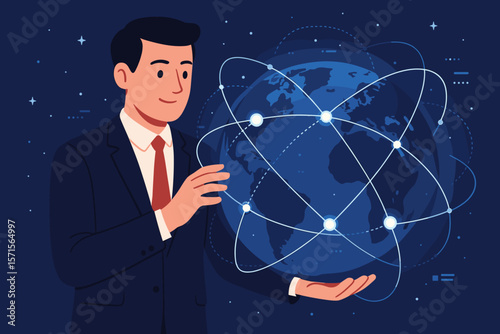Businessman in suit holding glowing digital Earth with global network connections, data exchange, worldwide communication, internet technology, global business concept, vector illustration