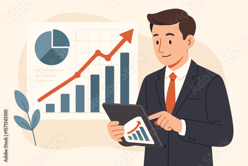 Businessman in suit analyzing sales data on tablet with rising bar chart, pie chart, and upward growth arrow. Financial report, economic success, business strategy concept illustration