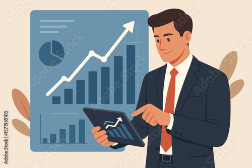 Businessman analyzing financial growth chart with tablet, reviewing sales data, economic statistics, bar and line graphs, business strategy, modern flat vector illustration
