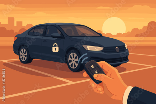 Car unlocking with remote control in parking lot at sunset, businessman hand holding key fob, vehicle security, modern transportation, safety technology, flat vector illustration