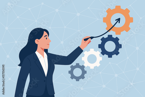Businesswoman drawing connecting gears for teamwork, partnership, development, business success, leadership, collaboration, innovation, growth, network background, flat vector