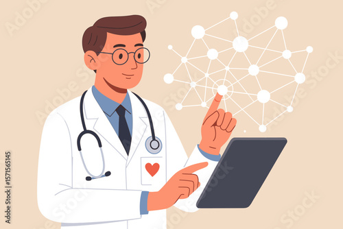 Cardiologist doctor with stethoscope analyzing digital medical network, touching virtual interface on tablet, healthcare technology, telemedicine, modern flat vector illustration