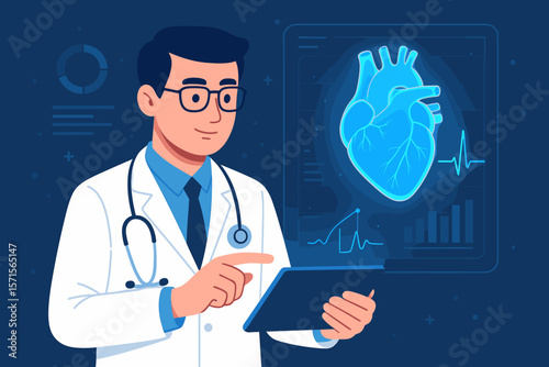 Cardiologist doctor analyzing patient heart data on digital tablet with futuristic hologram interface. Modern medical technology, innovation, science, healthcare, cardiology concept