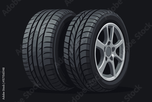 Modern car tires and alloy wheels close up. Realistic vector illustration of automotive tire tread pattern, rubber wheels, sport rims on dark background. Vehicle maintenance concept
