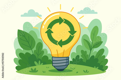 Circular economy concept light bulb with green recycle arrows, sustainable energy, eco innovation, renewable resources, environmental protection, waste reduction, nature background