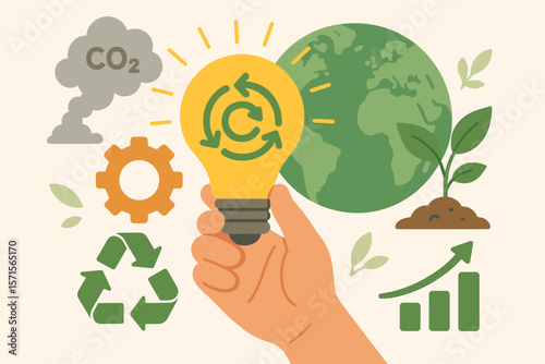 Circular economy concept. Hand holding light bulb with recycle arrows. Energy consumption, CO2 emissions, reusing, recycling materials, sustainable business growth, eco innovation