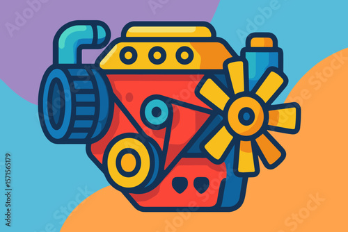 Vibrant cartoon car engine part illustration. Modern flat vector automotive motor with fan, belt, mechanical components. Colorful transportation machinery concept, isolated design