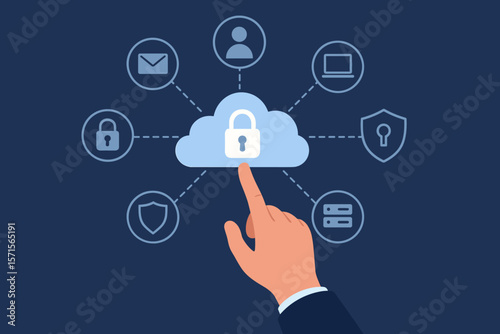 Cyber security cloud computing concept. Hand touching secure cloud icon. Data protection, privacy, network connection, lock symbol, information safety, technology vector illustration
