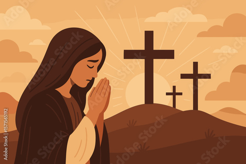 Good Friday remembrance prayer woman illustration. Christian faith, Easter crucifixion scene, three crosses on hill, sunrise, hope, devotion, religious spirituality concept