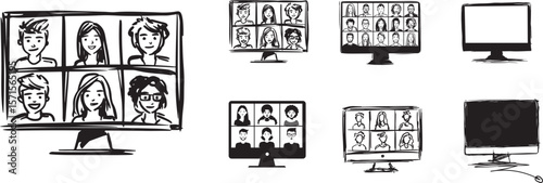 Hand-Drawn Monitors with Virtual Meeting Screens, Black and White Art