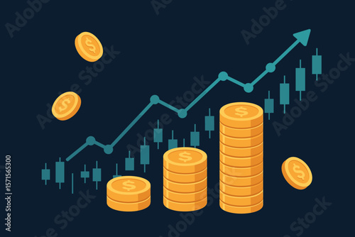 Financial investment growth concept. Stacks of gold coins, rising trading graph, candlestick chart. Stock market, banking, finance, wealth, profit, digital economy, cryptocurrency