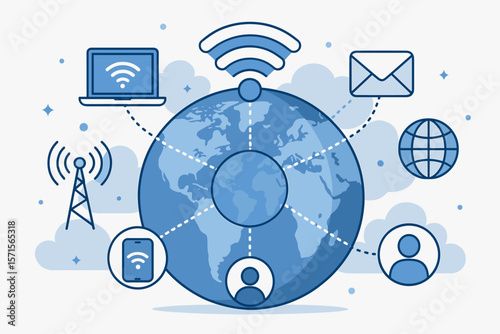 Global wireless network communication technology connecting people, devices, internet, email, and data worldwide. Flat vector illustration for business, web, and digital connectivity
