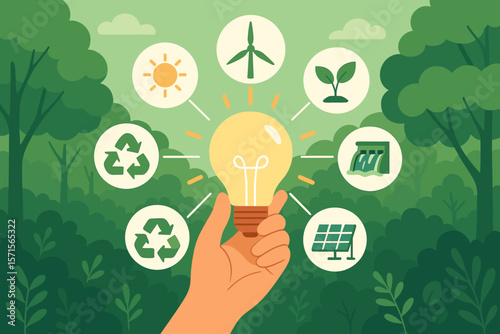 Hand Holding Light Bulb in Green Forest with Renewable Energy Icons, Sustainable Development, Solar, Wind, Hydro Power, Recycling, Ecology, Environment, Clean Technology Concept