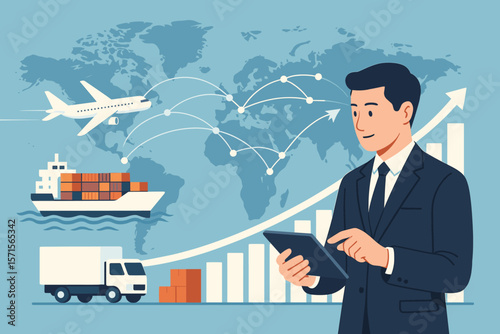 Global logistics growth and distribution network. Businessman with tablet manages cargo shipping, air freight, truck transport, supply chain, world map, export, import, analytics.
