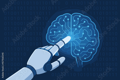 Robotic Hand Touching Digital Brain Circuit. Artificial Intelligence, Deep Learning, Neural Network, Machine Learning, Binary Data, Futuristic Technology, Innovation Concept