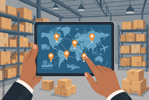 Smart logistics management with tablet in distribution warehouse. Global supply chain tracking, shipping, import export, freight, inventory control, technology innovation concept