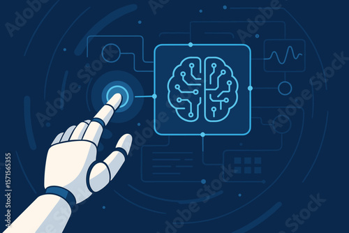 Robotic Hand Touches Futuristic Digital Interface with Artificial Intelligence Brain Circuit, Machine Learning, Innovation, Smart Technology, Automation Concept