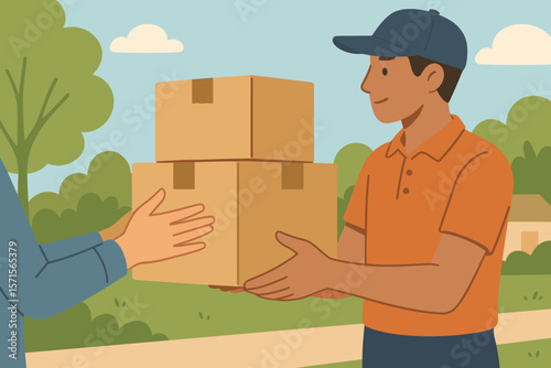 Courier delivering cardboard boxes to customer outdoors. Parcel handover, delivery service concept. Shipping, logistics, express mail, online shopping. Modern flat vector illustration