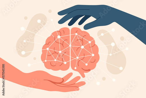 Brain health care concept. Abstract neural network, mental health support, cognitive science, psychology, human mind protection, connection, teamwork, neuroscience illustration.