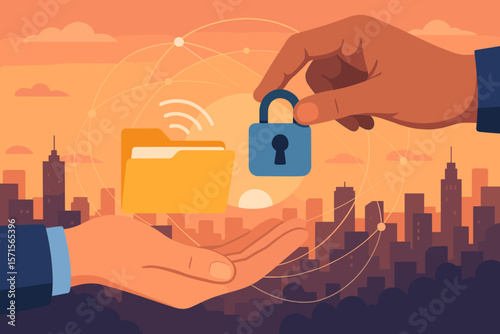 Secure data exchange and file sharing between hands in modern cityscape at sunset, network connection, cloud storage, data protection, cybersecurity, privacy, digital communication