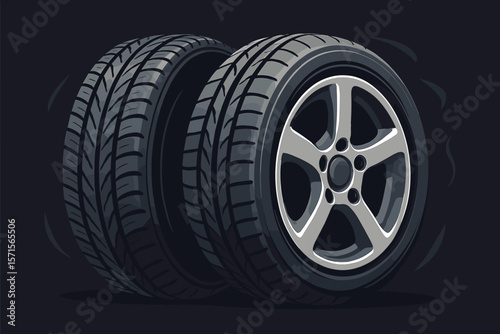 Realistic car tires and alloy wheels vector illustration. Modern automotive tire tread, detailed rubber wheel, steel rim design. Vehicle maintenance, auto service, transportation concept