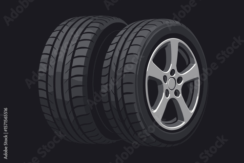Realistic car tires and alloy wheels vector illustration. Modern automotive tire tread, vehicle wheel rim, transportation maintenance, auto parts, repair, garage concept