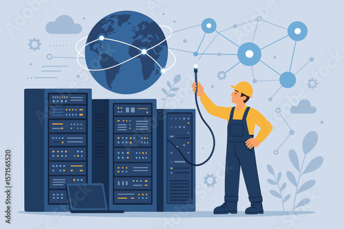 Data center network engineer connecting global servers. Modern technology, IT infrastructure, cloud computing, internet connection, server maintenance, digital transformation