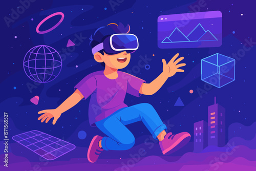 Immersive Virtual Reality Experience with Futuristic Technology, 3D Elements, Digital World, Augmented Reality, Modern Flat Cartoon Vector Illustration, Innovation Concept