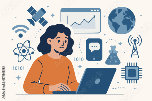 Woman Using Laptop Surrounded by Science and Technology Icons, Communication, Data Analysis, Artificial Intelligence, Internet, Innovation, Modern Digital Learning Concept