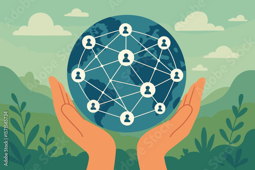 Global network connection in human hands, worldwide communication, social media, digital community, people networking, earth, environmental background, flat vector illustration