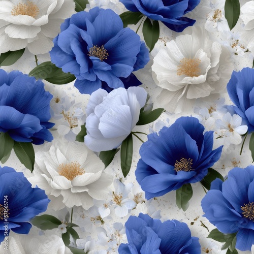 Intricate blue and white floral chinoiserie design showcases peonies and leaves, creating a seamless, high-resolution pattern SEAMLESS PATTERN