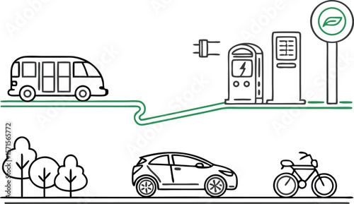 Eco friendly transport methods present clean energy future and sustainable resources for environment.
