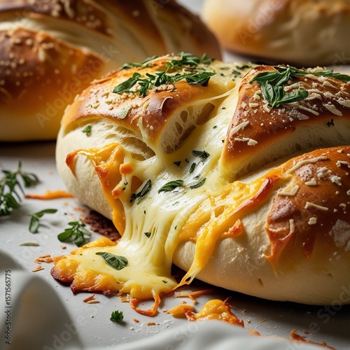 Assorted breads topped with cheese sesame seeds and herbs on a plate