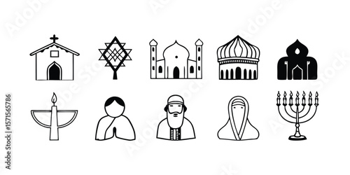 Comprehensive icon collection representing diverse cultures and religions featuring symbols and imagery related to global traditions beliefs and cultural heritage suitable for various design projects
