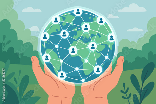 Global network connection in human hands, digital communication, worldwide data sharing, social media, internet community, environmental background, vector illustration