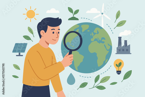 Man Analyzing Global Energy Consumption with Magnifying Glass, Renewable Energy Sources, Sustainable Ecology, Solar, Wind, Factory, Environment, Modern Vector Illustration
