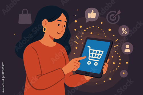 Online shopping and digital marketing concept. Woman using tablet with shopping cart icon. E-commerce, mobile commerce, internet retail, purchase, sales, technology, flat vector illustration