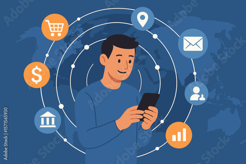 Modern people using smartphones for global communication, online business, finance, banking, shopping, social media, technology connection, digital network concept illustration