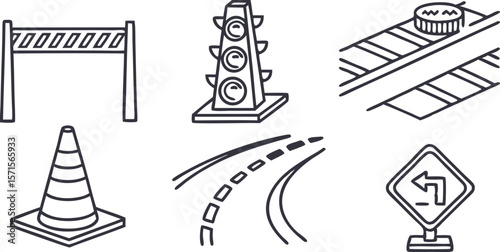 Unique road signs graphic with traffic light, cone and turn sign icons showing traffic concept