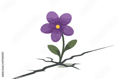 Resilient purple flower blooming through cracked pavement, symbol of hope, perseverance, overcoming adversity, growth, urban nature, modern flat vector illustration