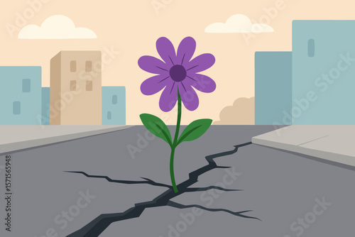 Purple flower blooming through cracked city street, resilience, hope, new life, urban nature, overcoming adversity, growth, perseverance, inspirational vector illustration