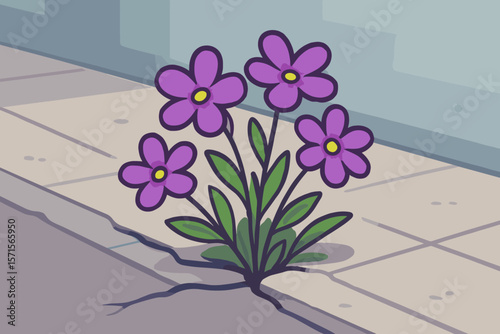 Vibrant purple flowers blooming through cracked city sidewalk, resilience nature urban street flora, modern flat cartoon vector illustration, growth hope perseverance concept