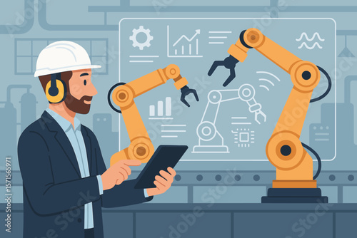 Industrial automation engineer using digital tablet to monitor and control robotic arms in smart factory. Robotics, technology, manufacturing process, virtual interface, innovation