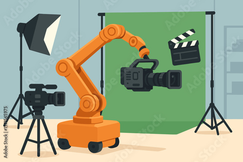 Robotic Arm Filming Studio Scene. Automated Movie Camera, Film Clapperboard, Lighting Equipment, Green Screen. Modern Video Production, TV Commercial, Flat Vector Illustration