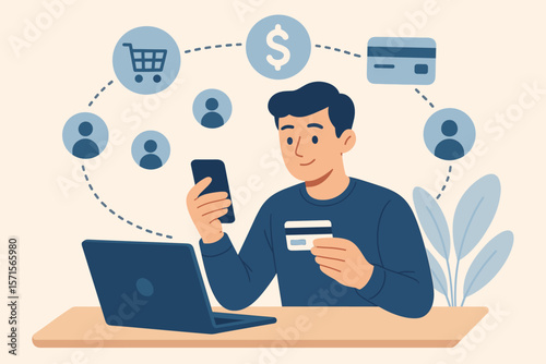 Online shopping payment concept. Man holding smartphone and credit card making digital purchase with laptop. E-commerce, internet banking, secure transaction, finance technology vector illustration.