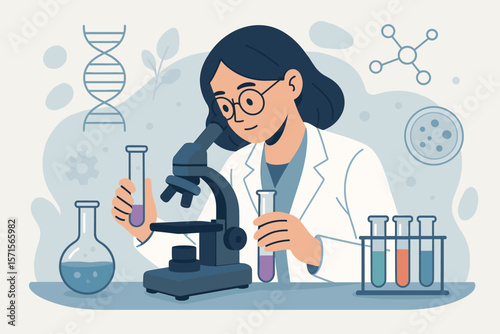 Female scientist in laboratory conducting chemical experiments with test tubes and microscope. Modern flat vector illustration. Science research, biotechnology, DNA, molecules, analysis