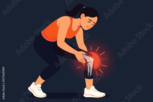 Sportswoman experiencing knee pain injury, tendon inflammation, joint discomfort, muscle strain, health problem, fitness accident, medical concept, flat vector illustration