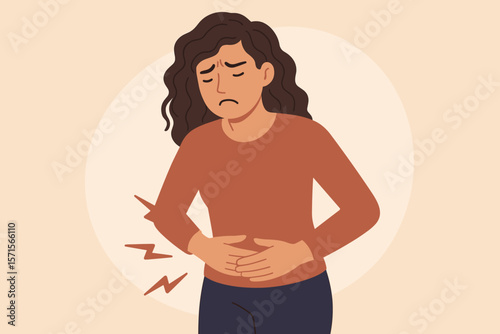 Woman suffering from stomach pain, period cramps, abdominal discomfort, indigestion, gastritis, gastric ulcer. Healthcare concept, female health.