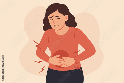 Woman suffering abdominal pain, holding stomach, concept of stomachache, menstruation cramps, digestive disorder, gastric ulcer, appendicitis, gastrointestinal disease, healthcare illustration