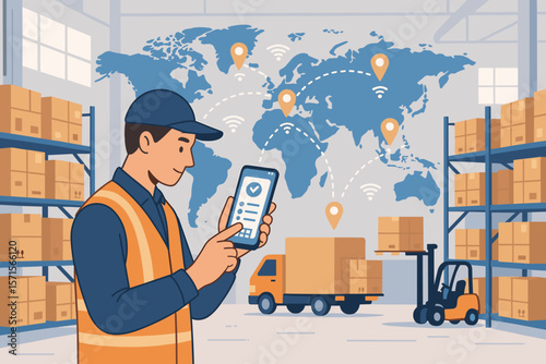 Warehouse worker using smartphone app to manage global logistics network, tracking shipments, inventory control, order fulfillment, supply chain distribution, transportation process